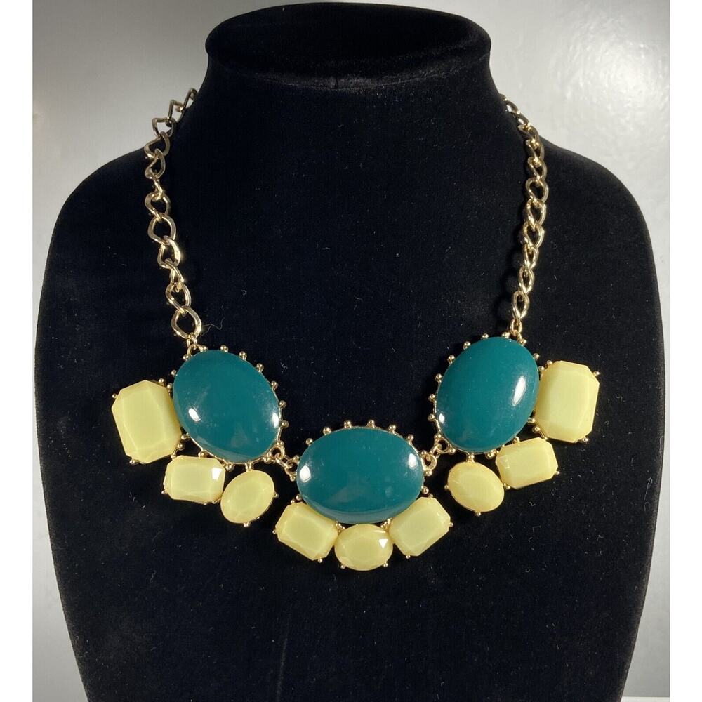 Bold Chunky Green & Yellow Acrylic Statement Necklace Gold Tone Oval & Rectangle